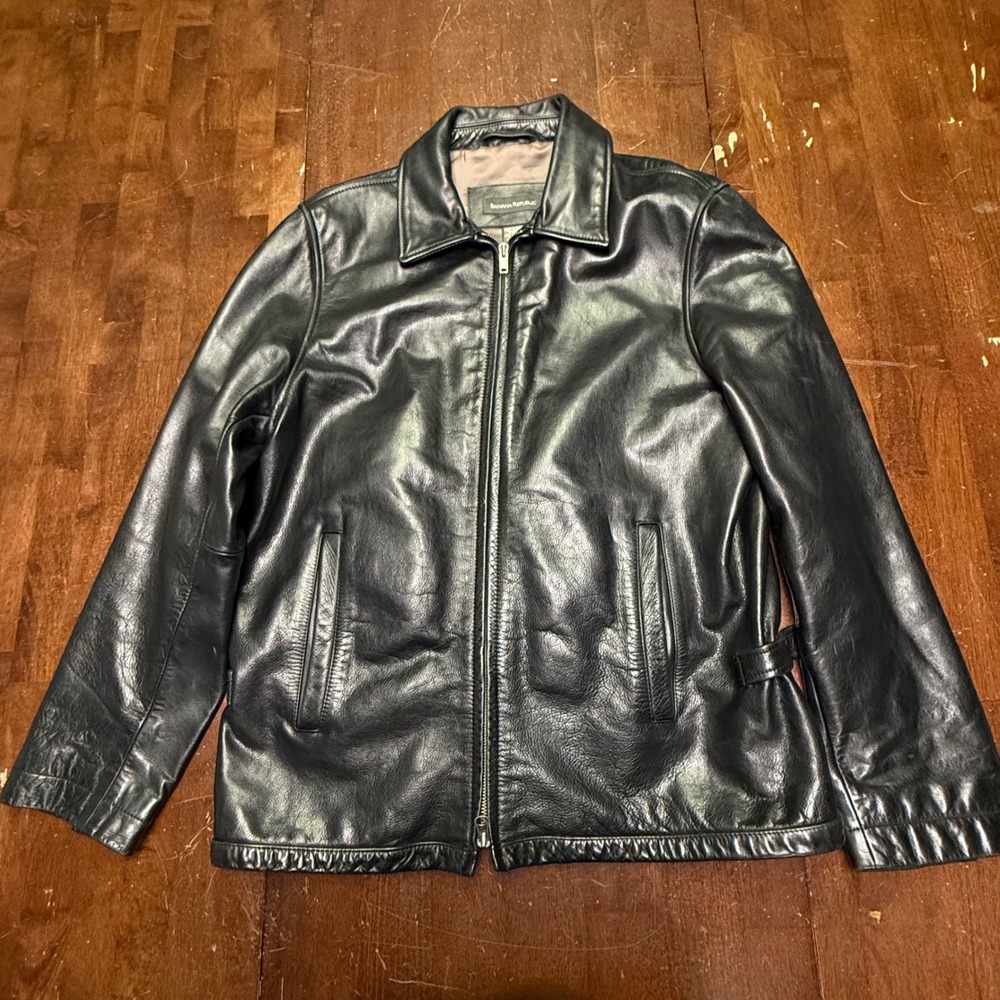Vtg Banana Republic Leather Jacket Men Medium Black Full Zip Aviator Moto Coat